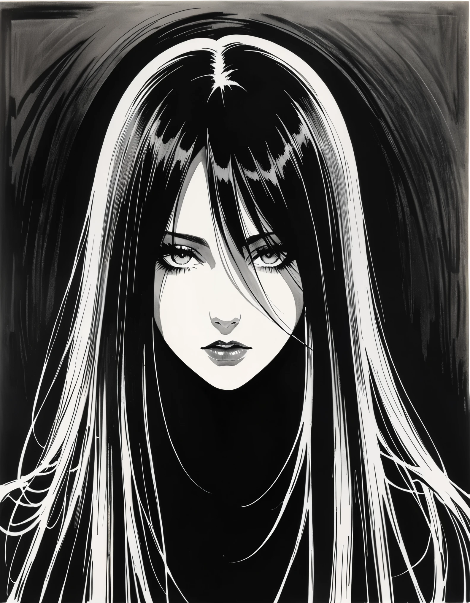 in style of Hans Hartung,in style of Henrietta Harris
1girl
{with the text:"GoD IS DEAD":1.4},captivating gaze,multi-directional long hair
