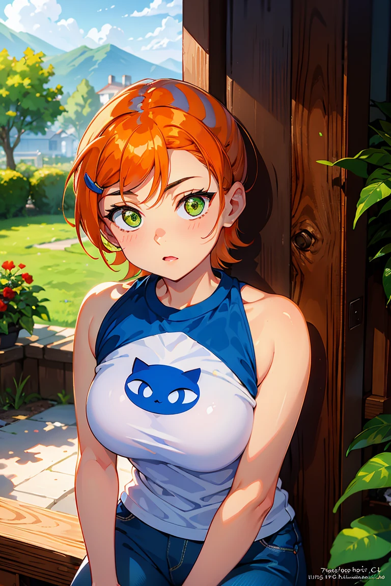 A stunning and intricate full color portrait in Ultra-HD, 10 year old girl, short orange hair, held in place by a blue hairpin and wearing sapphire earrings, green eyes, detailed face, wearing a blue and white raglan shirt, logo of a simple blue cat face, white pants, epic character composition, alessio albi, nina masic, sharp focus, natural lighting, subsurface dispersion, f2, 35mm, huge breasts