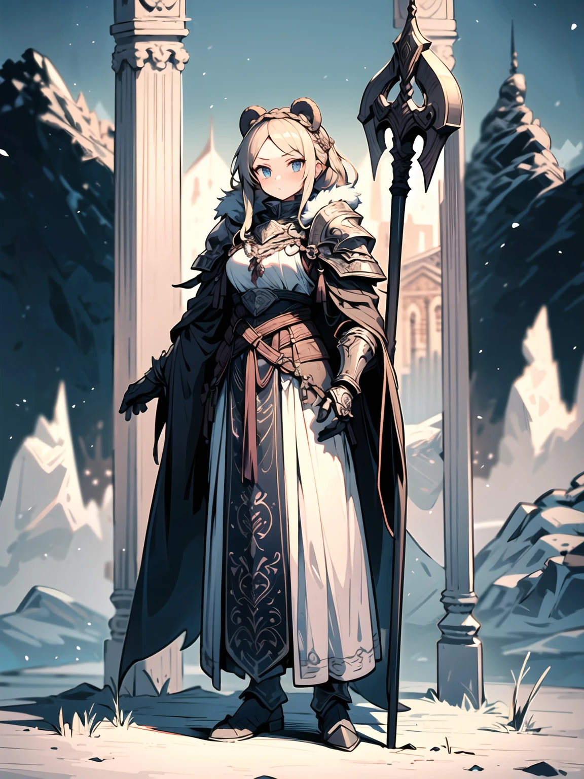(((masterpiece, best quality, high detailed, 16k))) (1girl) A fierce and stoic Nordic warrior with long, braided blonde hair and icy blue eyes. She wears heavy armor adorned with intricate engravings and symbols of her clan, combined with animal pelts that add warmth and a primal touch. Over her shoulders, she drapes a cloak made from the fur of a majestic bear, giving her a commanding and wild presence. She carries a large, rune-inscribed battle axe and stands tall against a backdrop of snowy mountains. ((full body view))