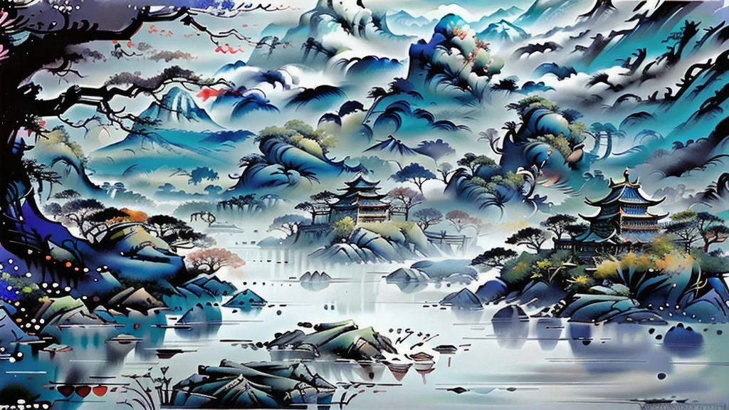 There are mountains, water and forests，Chinese painting style