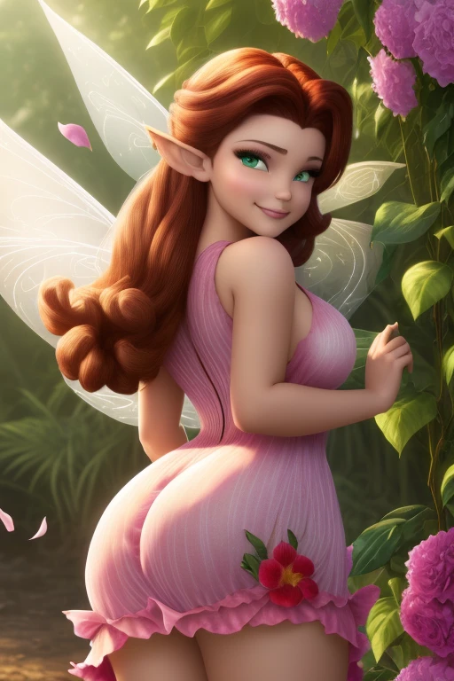 masterpiece, 8k, perfect ligthing, , adult, female, cowboy shot, looking at viewer, (body to the right), looking back, cinematic lighting, Rosetta, (RosettaWaifu:1.1), Hair curled at the ends, (dress:1.8), (extra long white fairy wings), long wings, pink clothes, clothes made from petals, Auburn Hair, (pointy ears), (detailled eyes), green eyes, emerald eyes, shrunken, (smirk:1.3),  blush,  pixiedust, jungle, ((flowers)),  