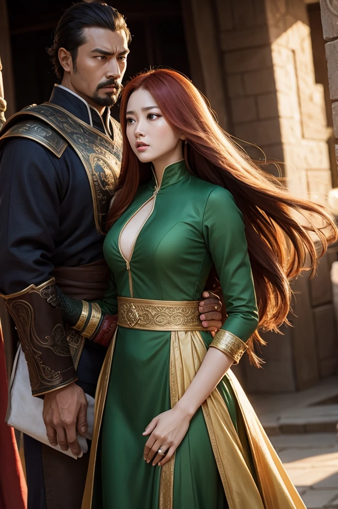 The cover of a book, there is a redheaded woman, wearing a green evening dress, she is facing a dark-skinned man, Cao Cao. Around them there are several things that refer to money, they're rich, on the floor there is money stained with blood, the woman's hand is holding a gun and it is covered in blood