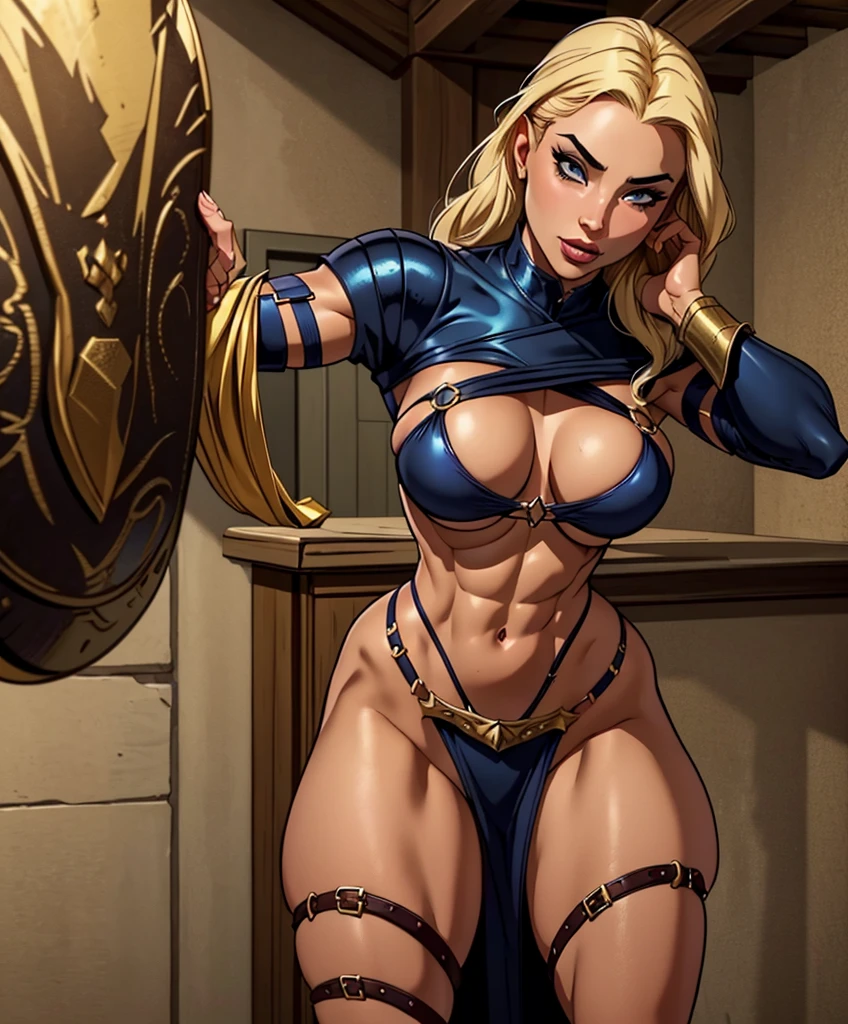 (((1girl))) (((Solo focus))) (((Appears to be 20 years old with youthful looks.))) (((Medieval fantasy attire.))) (((Medieval fantasy aesthetic.))) (((Appears to be 20 years old with mysterious looks.))) (((Medieval fantasy attire.))) (((Medieval fantasy aesthetic.))) Charismatic and attractive blonde female in a high fantasy realm. Sexy, alluring and sensual. (((Sexy physique.))) (((Dominant.))) (((Powerful pose.))) (((Enigmatic and seductive.))) She should have a mysterious charm that captures the attention. This character must embody thrilling and exciting qualities, but her arrogance should be evident in her posture and expression. Her attire should be a dazzling blend of high fantasy aesthetics, revealing a captivating, rugged bravado style that mirrors her exciting personality. The outfit should scream individuality, telling a story of grand adventures and daring escapades. The character's face should be a canvas of vivid expressions, showcasing her charisma, bravado, and the hint of mischief that makes her all the more alluring.