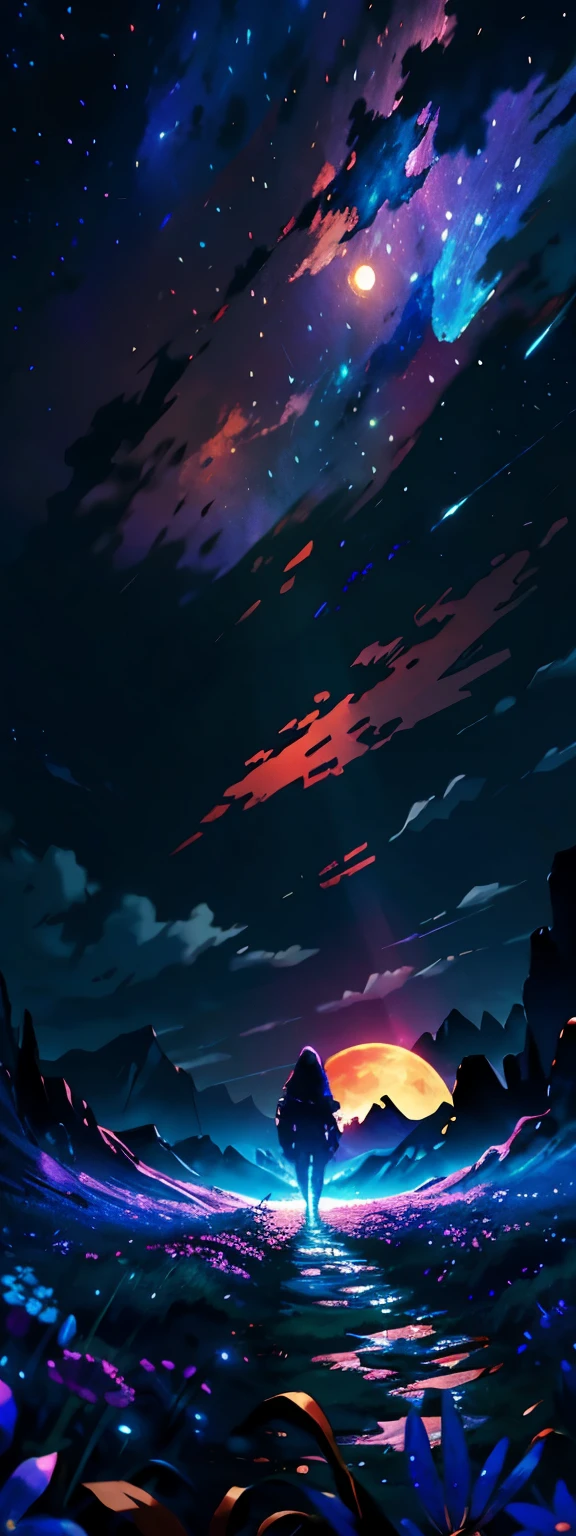expansive landscape photography , (a view from below showing the sky above and the open field below), a girl standing in a field of flowers looking up, (full moon:1.2), ( Shooting Stars:0.9), (nebula:1.3), distant mountain, tree BREAK production art, (warm light source:1.2), (Firefly:1.2), lamp, a lot of purple and orange, intricate details, BREAK volumetric lighting
(masterpiece:1.2), (Best Quality), 4k, ultra detailed, (dynamic composition:1.4), Very detailed, Colorful details,( Iridescent colors:1.2), (bright lighting, atmospheric lighting), dreamer, magical, (Alone:1.2)
