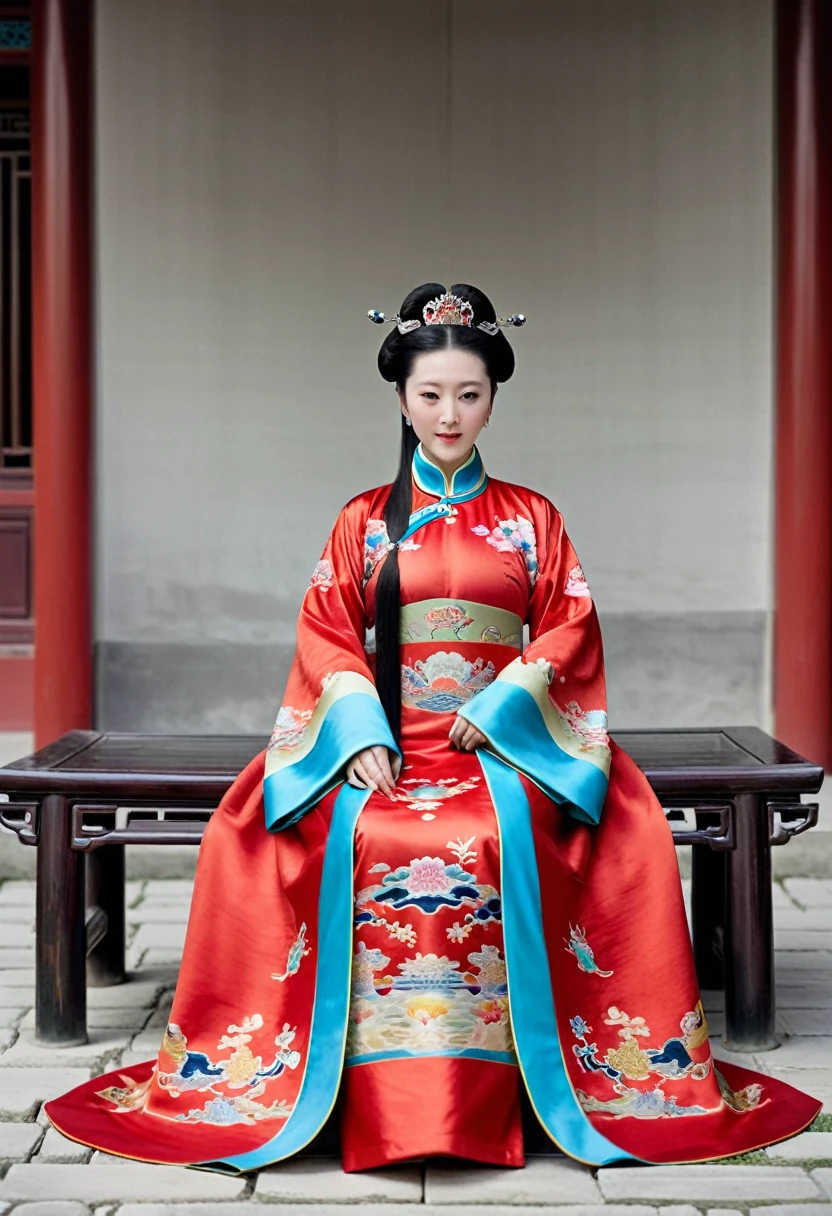 A woman seen from the front, sitting facing forward with her legs apart. Empress of the Qing Dynasty, Chinese imperial court. The Chinese empress is wearing a crown and a red Manchu dress with a floral pattern, open at the front, exposing her chest, lower abdomen, thighs and feet.。She is wearing no underwear, and her large breasts are exposed, right down to her bare stomach. Her hair is tied up and pulled up, and the background is the stone pavement of the Chinese palace of the Qing Dynasty.