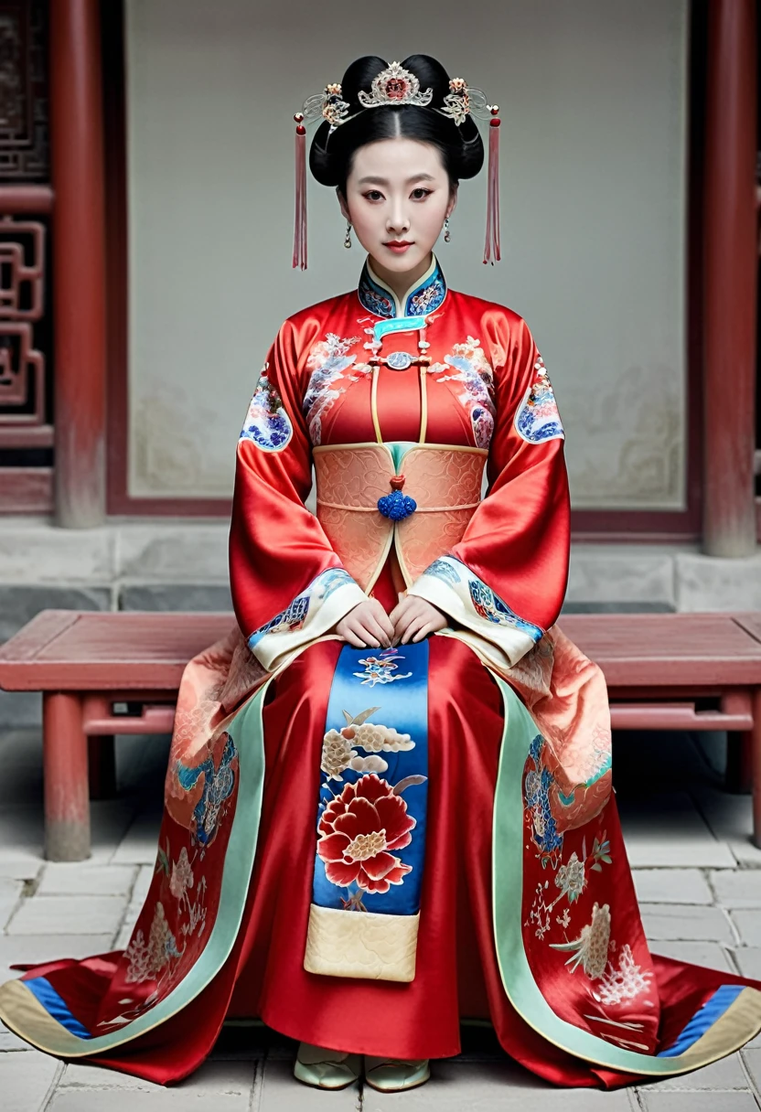 A woman seen from the front, sitting facing forward with her legs apart. Empress of the Qing Dynasty, Chinese imperial court. The Chinese empress is wearing a crown and a red Manchu dress with a floral pattern, open at the front, exposing her chest, lower abdomen, thighs and feet.。She is wearing no underwear, and her large breasts are exposed, right down to her bare stomach. Her hair is tied up and pulled up, and the background is the stone pavement of the Chinese palace of the Qing Dynasty.