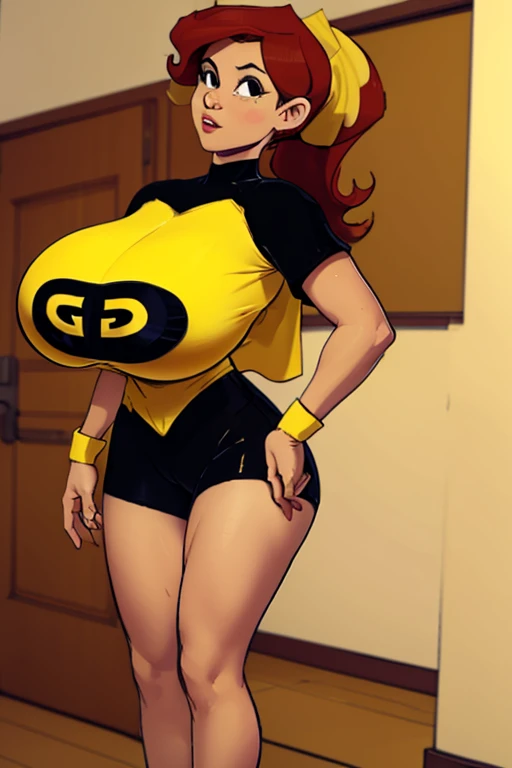 (best quality), (masterpiece), 1 girl, early 20's, huge heavy breasts, busty, massive breasts, thick, thick lips, wide hips, thin waist, gg, yellow shirt, bike shorts, ponytail, cape