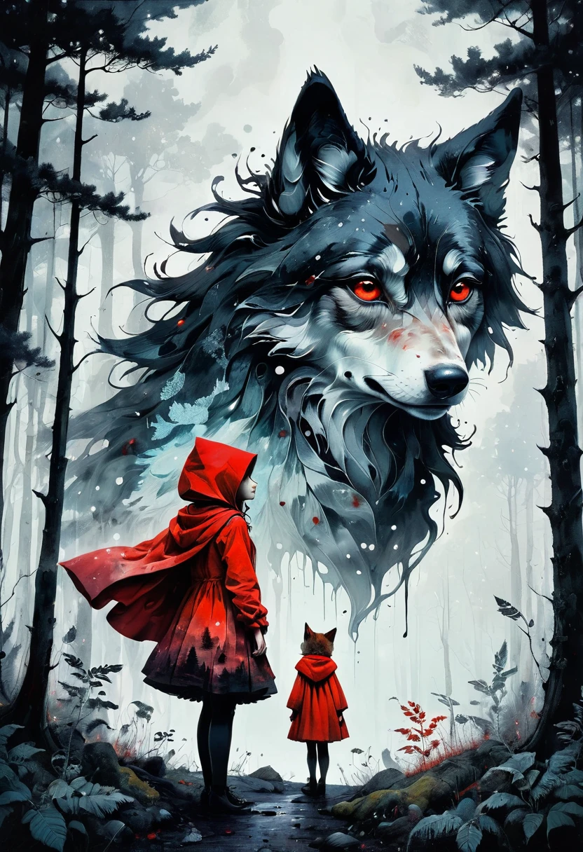 (Double exposure:1.3) effect of Little Red Riding Hood and the Wolf silhouette, superimposed against dark forest sky by Conrad Roset, Brandon Kidwell, Andreas Lie, Dan Mountford, Agnes Cecile, Jeremy Mann, oil and ink canvas, fine art, super dramatic light, photoillustration, amazing depth, hyperdetailed, iridescent red, redundant dreams, intricate detailed, amazing depth, stunning atmosphere, mesmerizing whimsical vibrant scenery, maximalism (Beautiful Outside, Ugly Inside, Stress and Pain, Beauty and Despair, Hard and Soft, Positive and Negative, Hot and Cold, Sweet and Sour, Vibrant and Dull, Perfect Harmony, Light and Dark, Hot and Cold, Old and Young, Fire and Ice, Yin and Yang, Opposites, Black and white, Hot and Cold, Organic and Mechanical, Corresponding colors, Loud and Quiet, Chaos and Peace,  Night and Day:1.2) complex masterwork by head of prompt engineering 