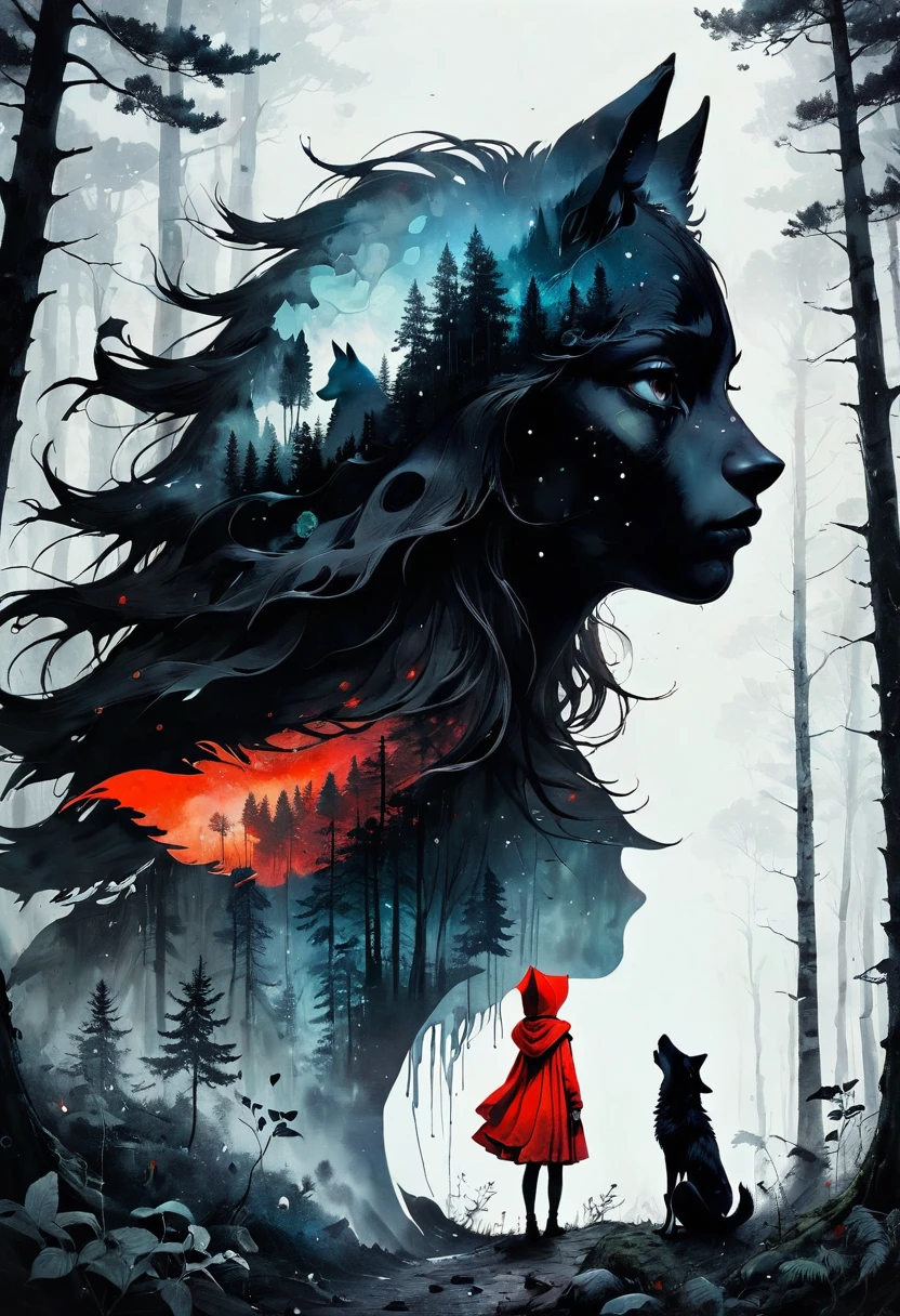 (Double exposure:1.3) effect of Little Red Riding Hood and the Wolf silhouette, superimposed against dark forest sky by Conrad Roset, Brandon Kidwell, Andreas Lie, Dan Mountford, Agnes Cecile, Jeremy Mann, oil and ink canvas, fine art, super dramatic light, photoillustration, amazing depth, hyperdetailed, iridescent red, redundant dreams, intricate detailed, amazing depth, stunning atmosphere, mesmerizing whimsical vibrant scenery, maximalism (Beautiful Outside, Ugly Inside, Stress and Pain, Beauty and Despair, Hard and Soft, Positive and Negative, Hot and Cold, Sweet and Sour, Vibrant and Dull, Perfect Harmony, Light and Dark, Hot and Cold, Old and Young, Fire and Ice, Yin and Yang, Opposites, Black and white, Hot and Cold, Organic and Mechanical, Corresponding colors, Loud and Quiet, Chaos and Peace,  Night and Day:1.2) complex masterwork by head of prompt engineering 