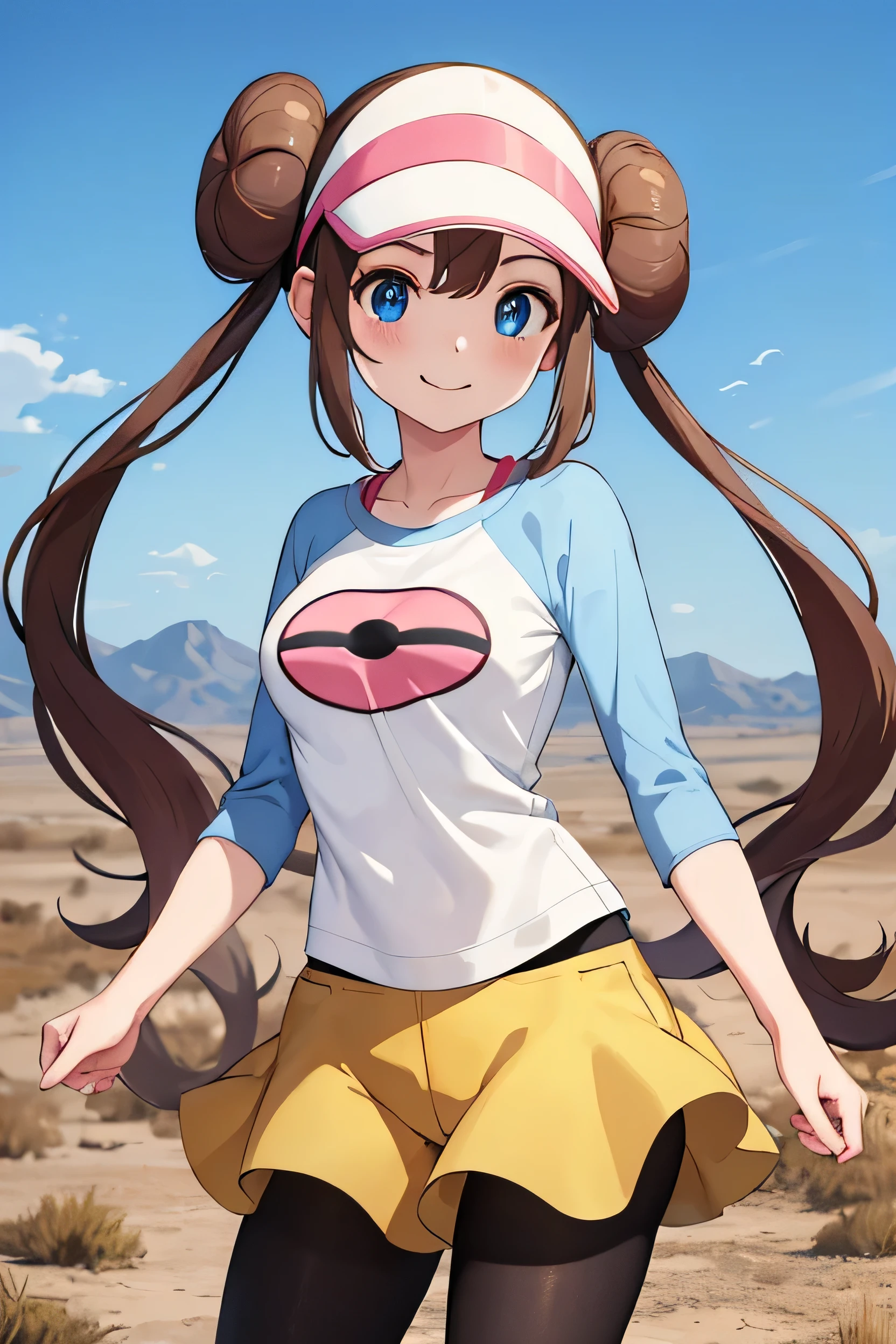 masterpiece, Highest quality, High resolution, B1 class, Hair Bun, blue eyes, Twin tails, Visor Cap, pantyhose, Raglan sleeves, Yellow shorts, shirt, Pink Ribbon, clock, Are standing, Cowboy Shot, Field, monster Ball \(Basic\), smile,Anime Style, One girl, woman, beautiful, morning, scenery, In the desolate desert