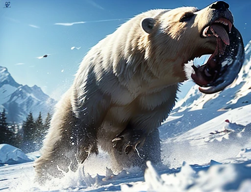 4K, masterpiece, detailded.💚（（tmasterpiece）），（（（best qualtiy））），（CharacterDesignSheet，Same role，frontage，Lateral face，on  back），concept-art，concept art of character，Character sketches，reference sheet，Role table,💚 A frontal image of the moment of a polar bear attack on Expectador . The polar bear attacks the spectator with his binges, the bear is furious . Animal rage rage . He wears a very torn and torn leather blanket as primitive clothing.. He attacks , dynamic angle. Full body photography Full body photography. Different angles and camera positions throughout.