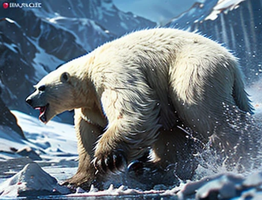 4K, masterpiece, detailded.💚（（tmasterpiece）），（（（best qualtiy））），（CharacterDesignSheet，Same role，frontage，Lateral face，on  back），concept-art，concept art of character，Character sketches，reference sheet，Role table,💚 A frontal image of the moment of a polar bear attack on Expectador . The polar bear attacks the spectator with his binges, the bear is furious . Animal rage rage . He wears a very torn and torn leather blanket as primitive clothing.. He attacks , dynamic angle. Full body photography Full body photography. Different angles and camera positions throughout.