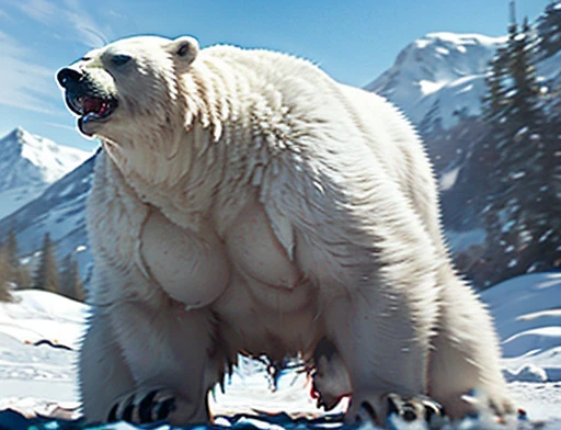 4K, masterpiece, detailded.💚((tmasterpiece)),(((best qualtiy))),(CharacterDesignSheet,Same role,frontage,Lateral face,on back),concept-art,concept art of character,Character sketches,reference sheet,Role table,💚 A frontal image of the moment of a polar bear attack on Expectador . The polar bear attacks the spectator with his binges, the bear is furious . Animal rage rage . He wears a very torn and torn leather blanket as primitive clothing.. He attacks , dynamic angle. Full body photography Full body photography. Different angles and camera positions throughout.