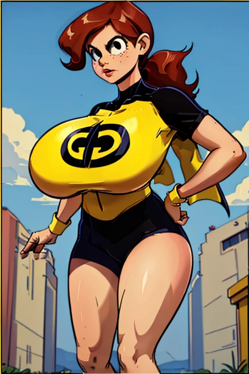 (best quality), (masterpiece), 1 girl, early 20's, huge heavy breasts, busty, massive breasts, thick, thick lips, wide hips, thin waist, gg, yellow shirt, bike shorts, ponytail, cape