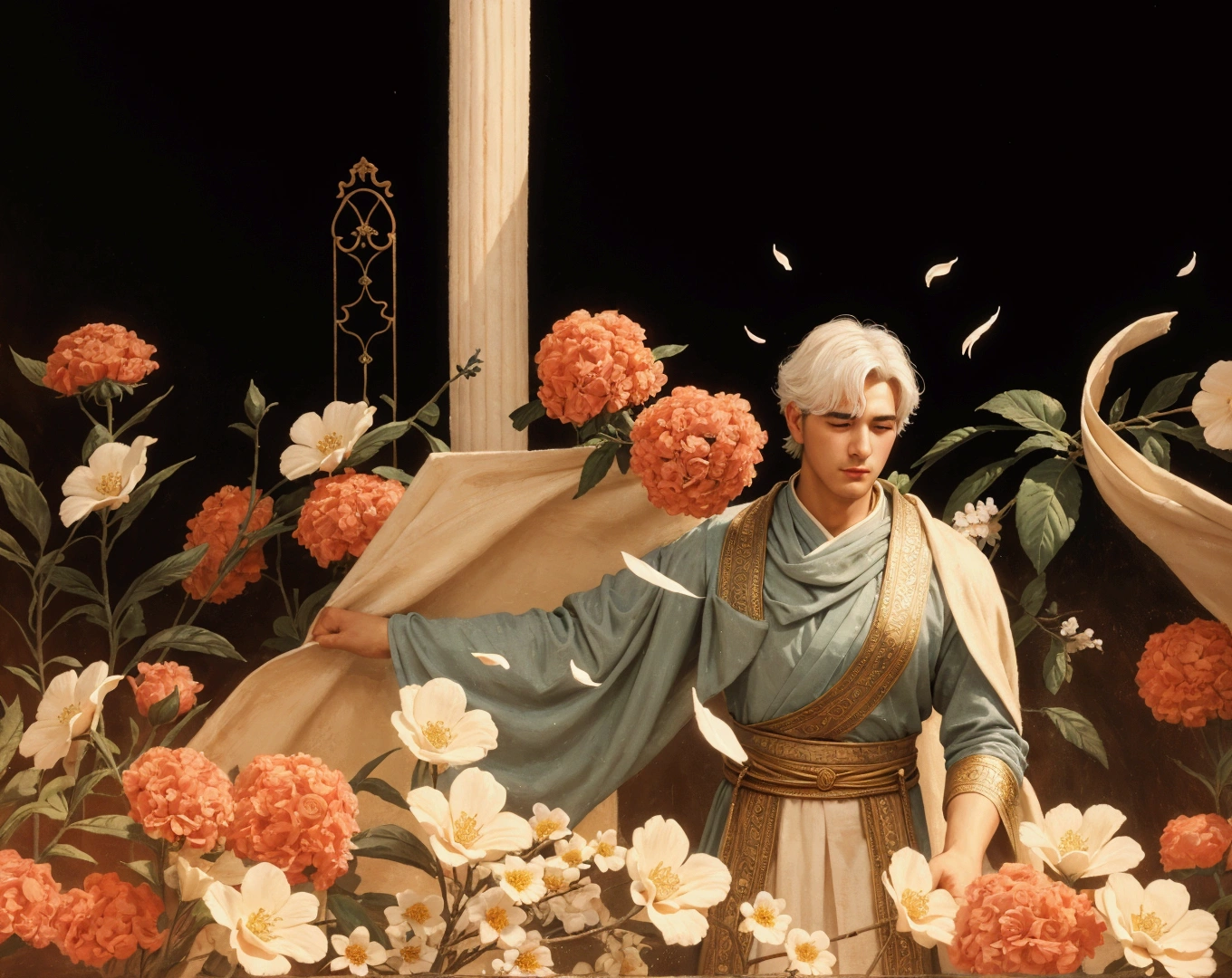A handsome man surrounded by flowers,Ancient Greek style,Oil painting texture,high quality,detail,8k