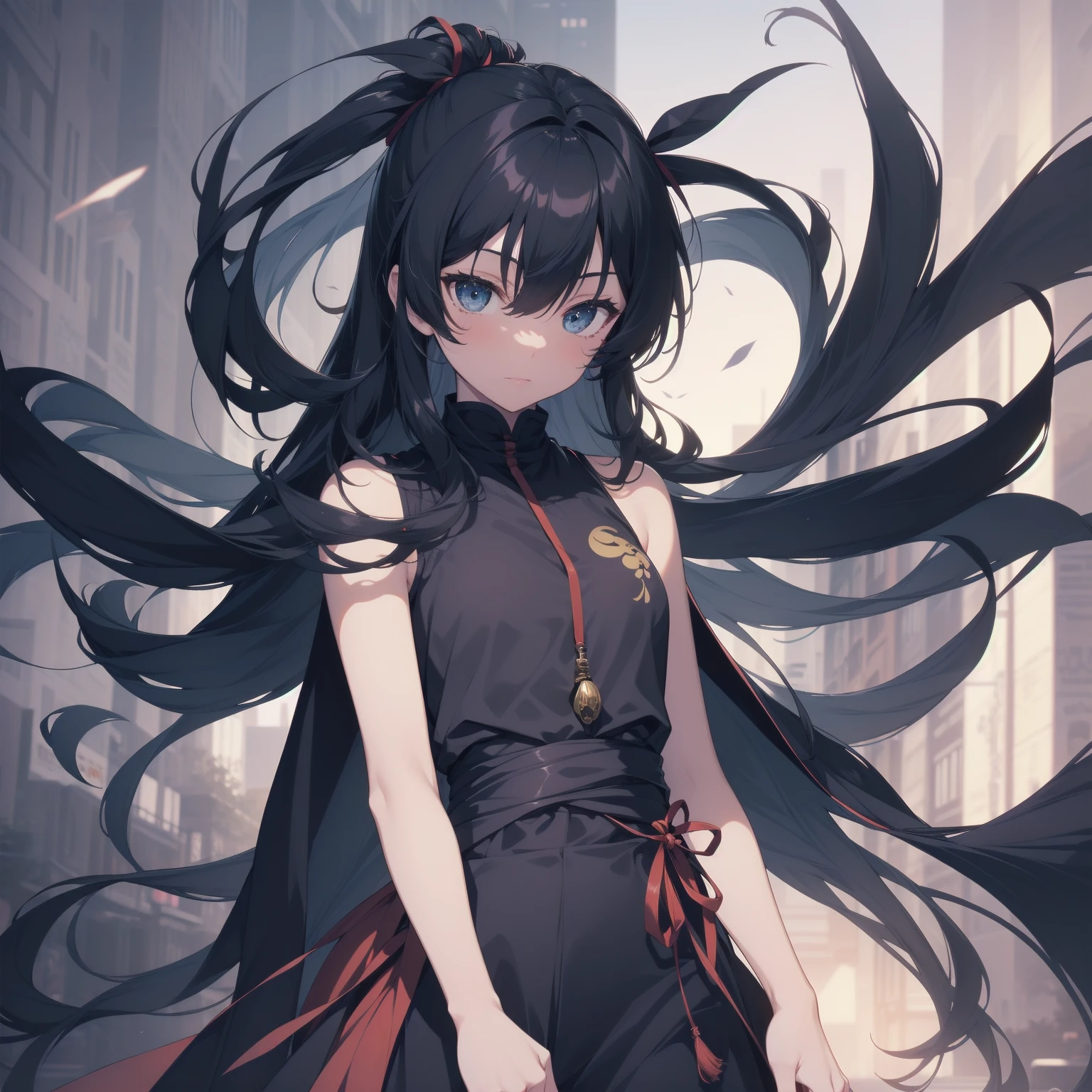Ninjas are... cool and... fast.!ultra-absurdres-Top quality by artist God, ultra-detailed, high resolution, anime moe artstyle, best anime 8k konachan wallpaper, pixiv contest winner, pool:2810, perfect anatomy,break, Domo…1girl is ninja girl, (Please draw a picture of a Ninja girl stand and look down on the city from rooftop),from above, dutch angle, break, (Solo,little female,,12-year-old:1.3), androgynous charm, (Very Short hair, blunt bangs), Full limbs, complete fingers,flat chest, Small butt, groin, small black eyes, beautiful detailed eyes, well-proportioned iris and pupils, expressive eyes, highres detailed hair, (sleeveless hanjuban),obi,ninja hakama, japanese Hairpin,ninja scarf waving in the wind, ninja stance, break,super detailed skin, Best cinematic lighting powered by famous artist, 8k,beauty illustration,photoshop_(medium),very aesthetic,break,((artist:nekotoufu )), artist:clamp ,artist:carnelian ,artist:kantoku ,