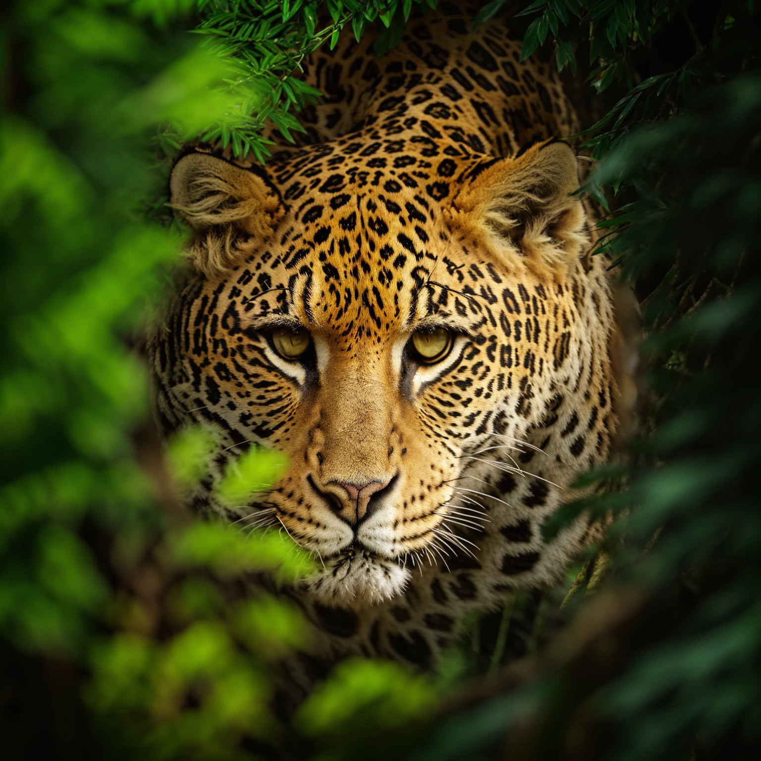 araffe looking at the camera through the foliage of a tree, jaguar, big cat eyes, prowling through the forest, looking majestic in forest, digital art animal photo, queen of the jungle, portrait”, staring into the camera, fierce expression 4k, amazing beauty, wild look, stunning woman, wildlife photography, in the jungle, looking intensely at the camera