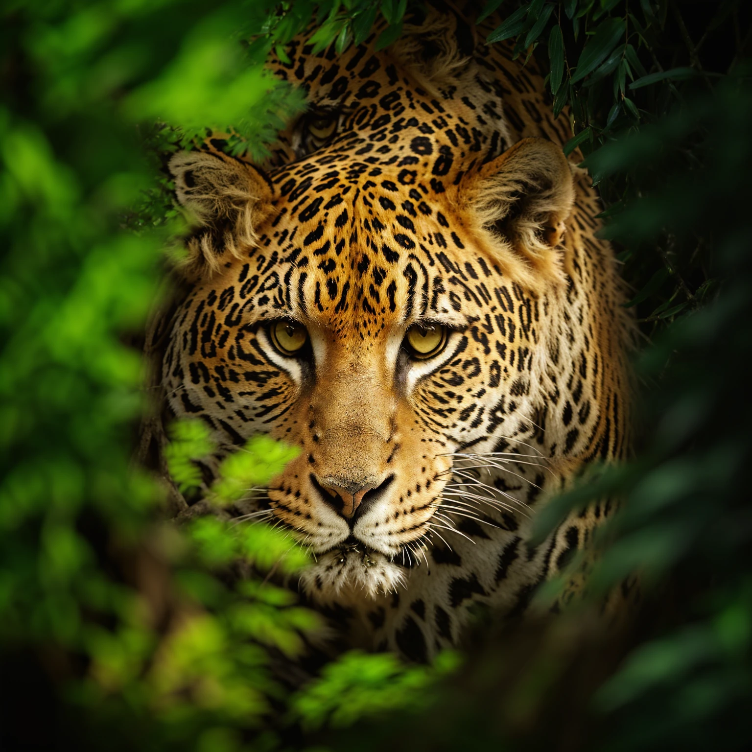 araffe looking at the camera through the foliage of a tree, jaguar, big cat eyes, prowling through the forest, looking majestic in forest, digital art animal photo, queen of the jungle, portrait”, staring into the camera, fierce expression 4k, amazing beauty, wild look, stunning woman, wildlife photography, in the jungle, looking intensely at the camera