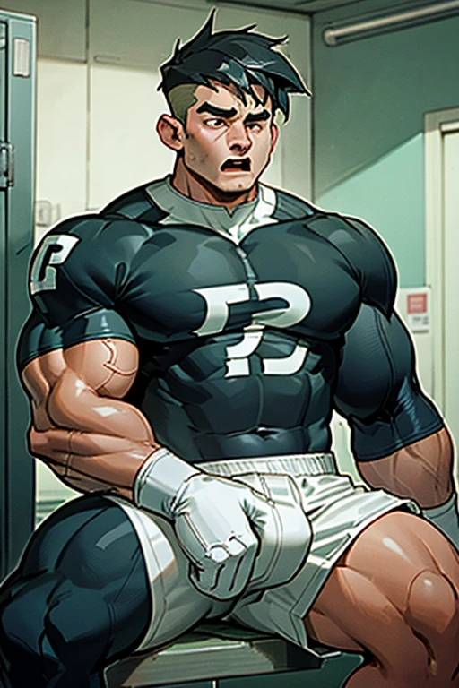 Danny Fenton in a locker room sitting on a wooden bench with brainwashed football jocks sitting on either side of him as he struggles not to be brainwashed as he is assimilated into their team. Turning into stereotypical football jock just like Dash Baxter. Black hair partially turned blonde. hyper muscles. Big biceps. Big triceps. Big traps. big lats. big deltoids. Big meaty pecs. Swollen hyper crotch bulge. Tenting crotch. Open mouth. Mindless blank stare. IQ drain. Dumber and dumber. big dumb jock. Jock assimilation. Hypnosis. Hypnotic trance. Brainwashing. Brainwashed. Hypnotized. Entranced. Jock assimilation. Jock conversion. Meathead. Musclehead. Brute. Bro. "Feeling ... kinda funny, like ... like my head is ... empty ... No thoughts, just ... just..... NO! Focus, Danny! I have to resist. Have to ... break free.... Have to ... have to..... I ... m-must.... I ... must...." Speaking in a dull monotone as he falls into trance. "Listen, ... repeat, ... conform, ... obey...." Speaking in unison with the other jocks in the locker room. "I ... I am sweaty. ... I am horny. ... I am sexy. ... I am dumb.... I'm just a mindless.... I'm just an empty, ... stupid, ... strong jock.... I am sweaty. I am horny. I am sexy. I am dumb. I'm just a mindless. I'm just an empty, ... stupid, ... strong jock.... I am sweaty...." Repeating over and over. Football uniform. Cleats. Shoulder pads. Jockstrap.