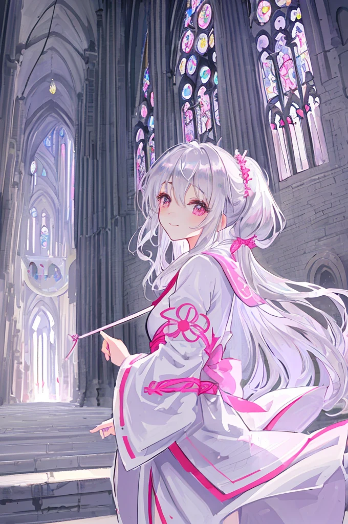1 girl in、(silver medium Hair)、side ponytailed、pink eye、Looking at the camera、from side,delicate finger、beautiful ilumination、(adult),white kimono、miko costume、smile,laugh,((cathedral background))、(High resolution of the highest quality)、((Masterpieces of the highest quality:1.2))