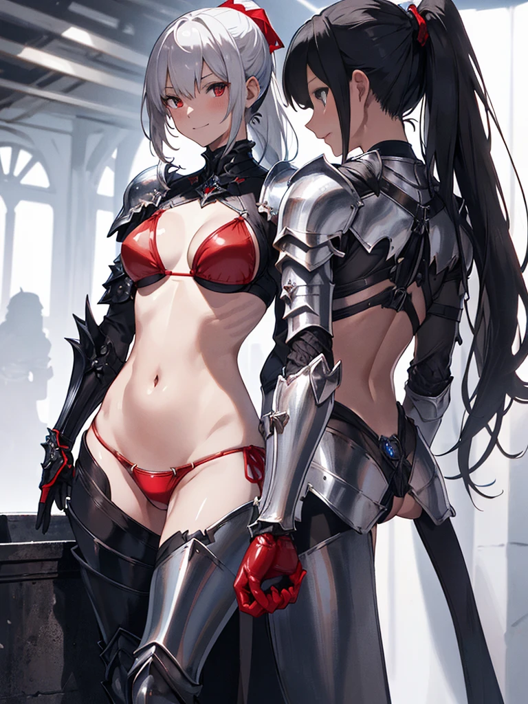 Photo of a woman in armor, back view,Bikini Armor Female Knight,(Red rubber bikini:1.3),Bikini Armor, Girl in Armor, Otherworld fantasy game characters,Slender figure,Cleavage,belly button,Black Hair,ponytail,Flushed Cheeks,Embarrassing,smile,Bikini Armor, Bikini Armor, glossy White Armor, ornate Bikini Armor, thick装甲, thick, Kschaert Krentz Key Art Feminine, Female Knight, shiny silver armor, White Armor, Pale black armor, Highly detailed art gems,Beautiful expression right down to your fingertips,