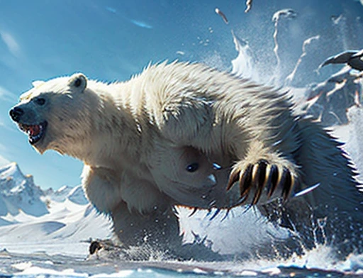 4K, masterpiece, detailded.💚（（tmasterpiece）），（（（best qualtiy））），（CharacterDesignSheet，Same role，frontage，Lateral face，on  back），concept-art，concept art of character，Character sketches，reference sheet，Role table,💚 A frontal image of the moment of a polar bear attack on Expectador . The polar bear attacks the spectator with his binges, the bear is furious . Animal rage rage . He wears a very torn and torn leather blanket as primitive clothing.. He attacks , dynamic angle. Full body photography Full body photography. Different angles and camera positions throughout.