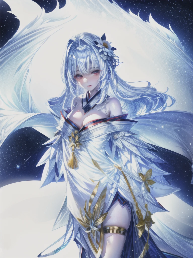 Fantasy,Highest quality,8k,cute,beautiful,Silvery white hair,Starry Sky,night,************,Removable sleeves,kimono,I can see your thighs,Straight face,Gazing at the sky,fan,Pale skin,Sitting Girl,Modest Flower,painful,