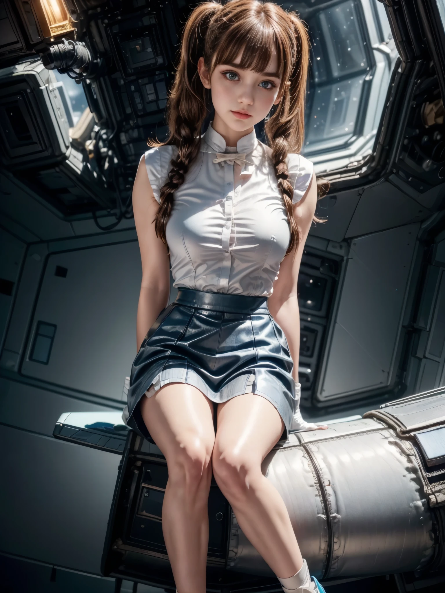((raw photo), absurdities, (absurd resolution)), masterpiece, Best Quality, (Extremely detailed 8k unity CG wallpaper), (best illustration), (best shadow), absurdities, Realistic lighting, beautiful detailed glitter, ((The cutest girl in a space cadet uniform., blue straight skirt, white button-down shirt, open blue shoes, hits)), Front view, (slightly bent leg), arms on waist, white gloves, staring to the side, slight smile, flirtatious (Brown hair, tied ends, of collections), (light gray eyes, the perfect pupil),