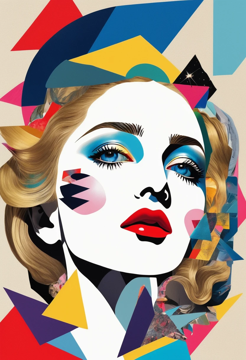 Madonna themed, Surreal and strange dislocation art：Collage，There are many different things on the faces，spaceship，vibrant sensual colors, Geometric Dislocation，Collage,Hollow，Artistic sense，Painting，paint，Simple, Madonna singer