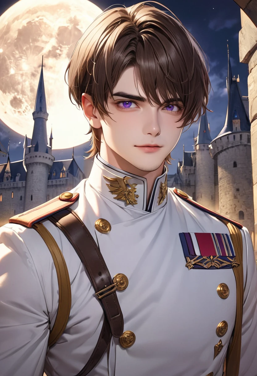 1 male　Brown hair and eyebrows　Long Bangs　 Purple Eyes　White military uniform　full moon　Inside the castle