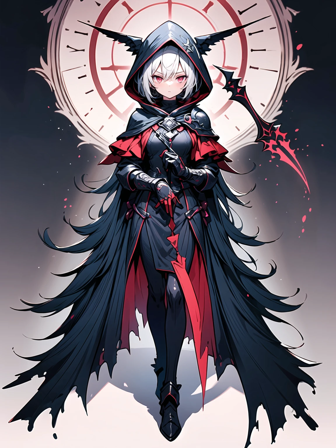 (((masterpiece, best quality, high detailed, 16k))) (1girl) A  and slender assassin with a mysterious aura, concealed under a dark hood. Her sharp, almond-shaped eyes peer out from under the hood, glinting with cunning and precision. She wears sleek black armor, designed for stealth and agility, adorned with subtle, intricate patterns. In her hand, she wields a finely detailed dagger, the blade gleaming with a sinister edge, and a striking red gemstone embedded in the hilt. Her cloak billows slightly, adding to her enigmatic presence. ((full body view))

