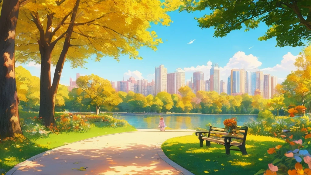 realistic, 8k, a beautiful anime girls, blue eyes, with long pink hair, white tide shirt, body goals, blue jacket, short pants, white sneakers shoes, individual sitting on a park bench. The sun is bright, casting gentle shadows, with golden-yellow leaves on the trees, A serene urban park at midday, with a blend of nature and cityscape in the background The color palette is warm and vibrant, with yellows, oranges, and soft greens, creating an uplifting and motivational atmosphere, The style is soft and illustrated, with smooth lines and gentle textures.