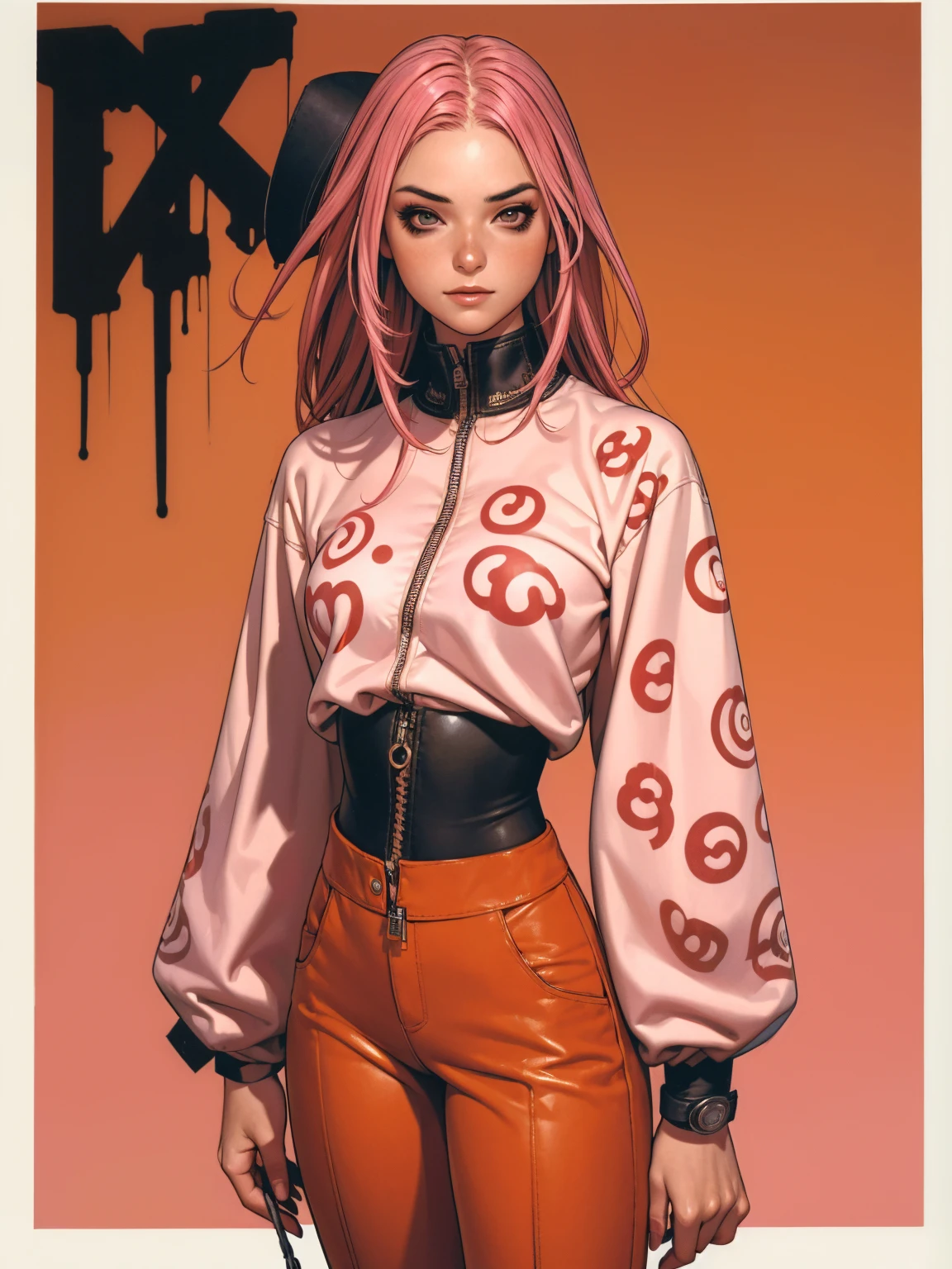 (best qualityer))), (((manga strokes))), (((pink hair with red highlights))), (((wide-leg pants with urban graffiti print))), (((noise pattern))), uma Kizi jovem muito bem vestida com roupas modernas de inverno, trousers with graffiti pattern, top gift vertical stripes, short jacket with dark fur collar, beautiful and expressive face, slightly-smile, big eyes with long black eyelashes, heavy make-up, chains and zippers spread across clothes, contrasting colours, pose de atitude, hair with a modern and futuristic cut, urban game poster art, dramatic camera angles, graffiti art elements in the background, design mixing contemporary and retro by Shepard Fairey, (((cowboy shot))), (((best qualityer: 1.4))), (Unbeatable masterpiece), (hiper HD),(CG 8k hyper-realistic), Kizi, (((standing alone))), pirralha violent, (((14歳))), sexly, pose de atitude, work of art, post-apocalypse, (((manga style))), bounty hunter, violent, Manic, the way you want, slenderbody, thin but strong, perfectbody, roupa moderna, advanced technology, neon, sleeves with vertical striped pattern, neutral background, (( cowboy shot )). intricate visual
