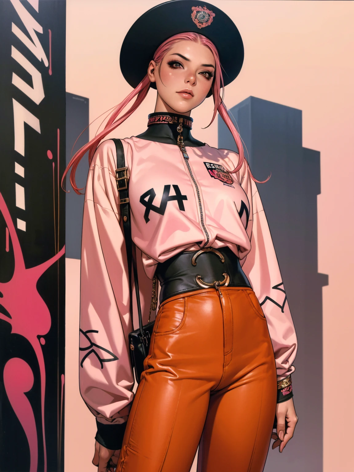 (best qualityer))), (((manga strokes))), (((pink hair with red highlights))), (((wide-leg pants with urban graffiti print))), (((noise pattern))), uma Kizi jovem muito bem vestida com roupas modernas de inverno, trousers with graffiti pattern, top gift vertical stripes, short jacket with dark fur collar, beautiful and expressive face, slightly-smile, big eyes with long black eyelashes, heavy make-up, chains and zippers spread across clothes, contrasting colours, pose de atitude, hair with a modern and futuristic cut, urban game poster art, dramatic camera angles, graffiti art elements in the background, design mixing contemporary and retro by Shepard Fairey, (((cowboy shot))), (((best qualityer: 1.4))), (Unbeatable masterpiece), (hiper HD),(CG 8k hyper-realistic), Kizi, (((standing alone))), pirralha violent, ((())), sexly, pose de atitude, work of art, post-apocalypse, (((manga style))), bounty hunter, violent, Manic, the way you want, slenderbody, thin but strong, perfectbody, roupa moderna, advanced technology, neon, sleeves with vertical striped pattern, neutral background, (( cowboy shot )). intricate visual