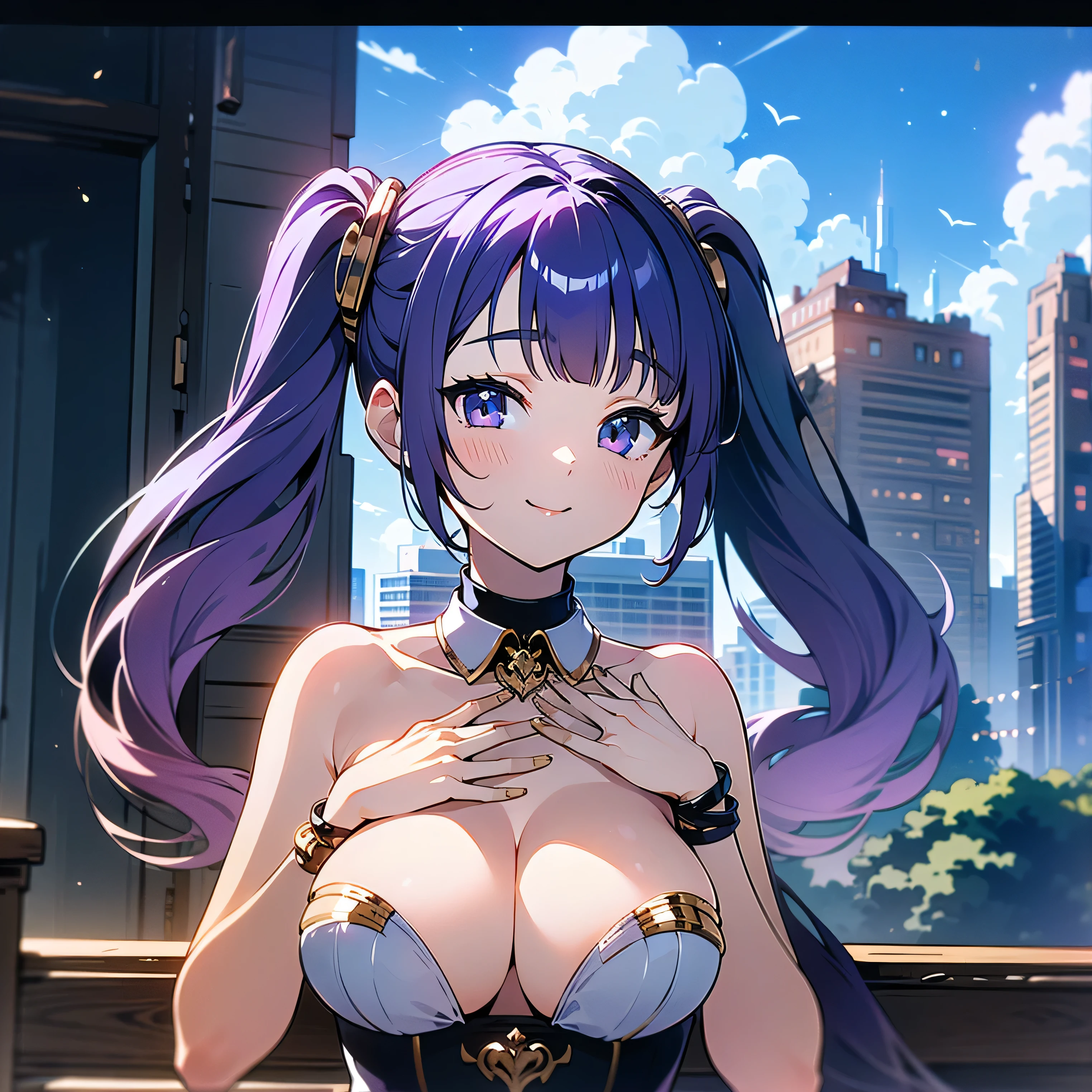 (masterpiece), (HDR), absurdres, (best quality), (ultra high quality), (hi-res), (1girl), (lavender eyes), beautiful detailed eyes, teen, (dark purple hair), bangs, short side locks, (((big thick twintails))), (long straight hair), (((two gold hair ties))), ((detached collar)), ((plunge neckline)), (medium breast), ((perky breasts)), (happy expression), smile, (looking at viewer), bending over, sticking chest out, hand on own chest, ((pinup)), posing, in the city, outside, buildings, daytime, sunlight on face, noon, bright sun, city scenery, birds, (((upper body))), ecchi