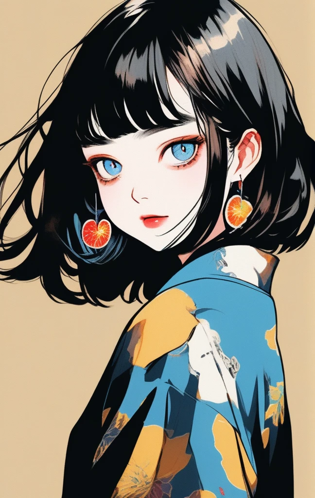 (Highest quality, sketch:1.2),Realistic,An illustrationレーター,anime,1 girl, Detailed lips, kimono,custom, Black and gold gradient background,Neon Hair,Texture Cropping, masterpiece, Style: Retro Classic, Black Style 、An illustration、art、70s horror movie posters, Supervised by Junji Ito、Attention to detail, Realistic Shadows、Analog Style, chromatic aberration, Surrealism、Complementary Gradient、1 girl, 18yo, (flat chest: 1.5), Blue eyes, light brown hair, bob cut, summer outfit, smile, open mouth, standing, upper body, (various pose:1.5), summer festival, holding candy apples with stick, crowd, night, 8k, RAW photo, best quality, masterpiece, extremely detailed 8k wallpaper, ultra-detailed, best shadow, detailed background, beautiful detailed face, beautiful detailed eyes, nice hands, perfect hands