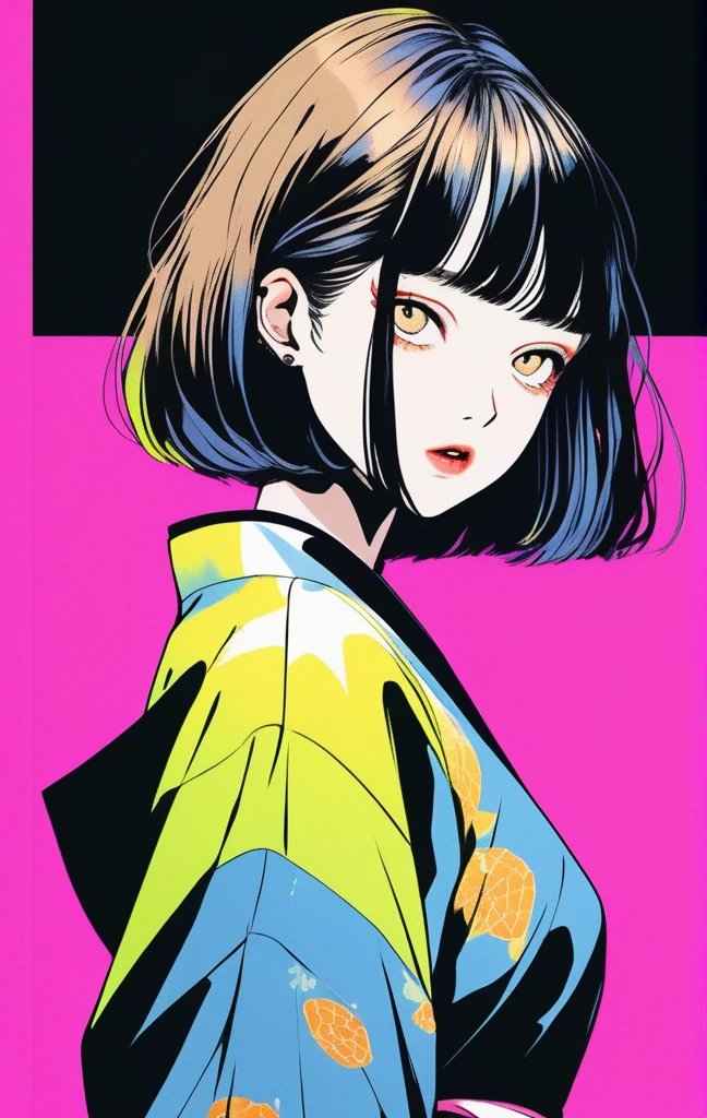 (Highest quality, sketch:1.2),Realistic,An illustrationレーター,anime,1 girl, Detailed lips, kimono,custom, Black and gold gradient background,Neon Hair,Texture Cropping, masterpiece, Style: Retro Classic, Black Style 、An illustration、art、70s horror movie posters, Supervised by Junji Ito、Attention to detail, Realistic Shadows、Analog Style, chromatic aberration, Surrealism、Complementary Gradient、1 girl, 18yo, (flat chest: 1.5), Blue eyes, light brown hair, bob cut, summer outfit, smile, open mouth, standing, upper body, (various pose:1.5), summer festival, holding candy apples with stick, crowd, night, 8k, RAW photo, best quality, masterpiece, extremely detailed 8k wallpaper, ultra-detailed, best shadow, detailed background, beautiful detailed face, beautiful detailed eyes, nice hands, perfect hands
