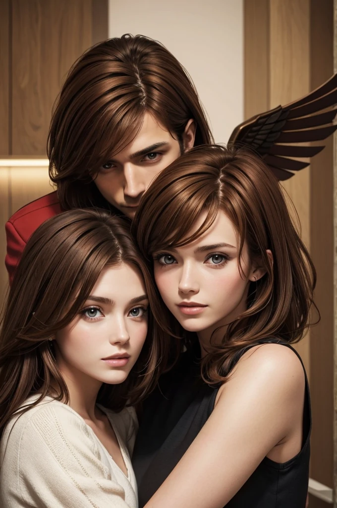 one-winged man, with shoulder-length reddish-brown hair, holding a brunette girl