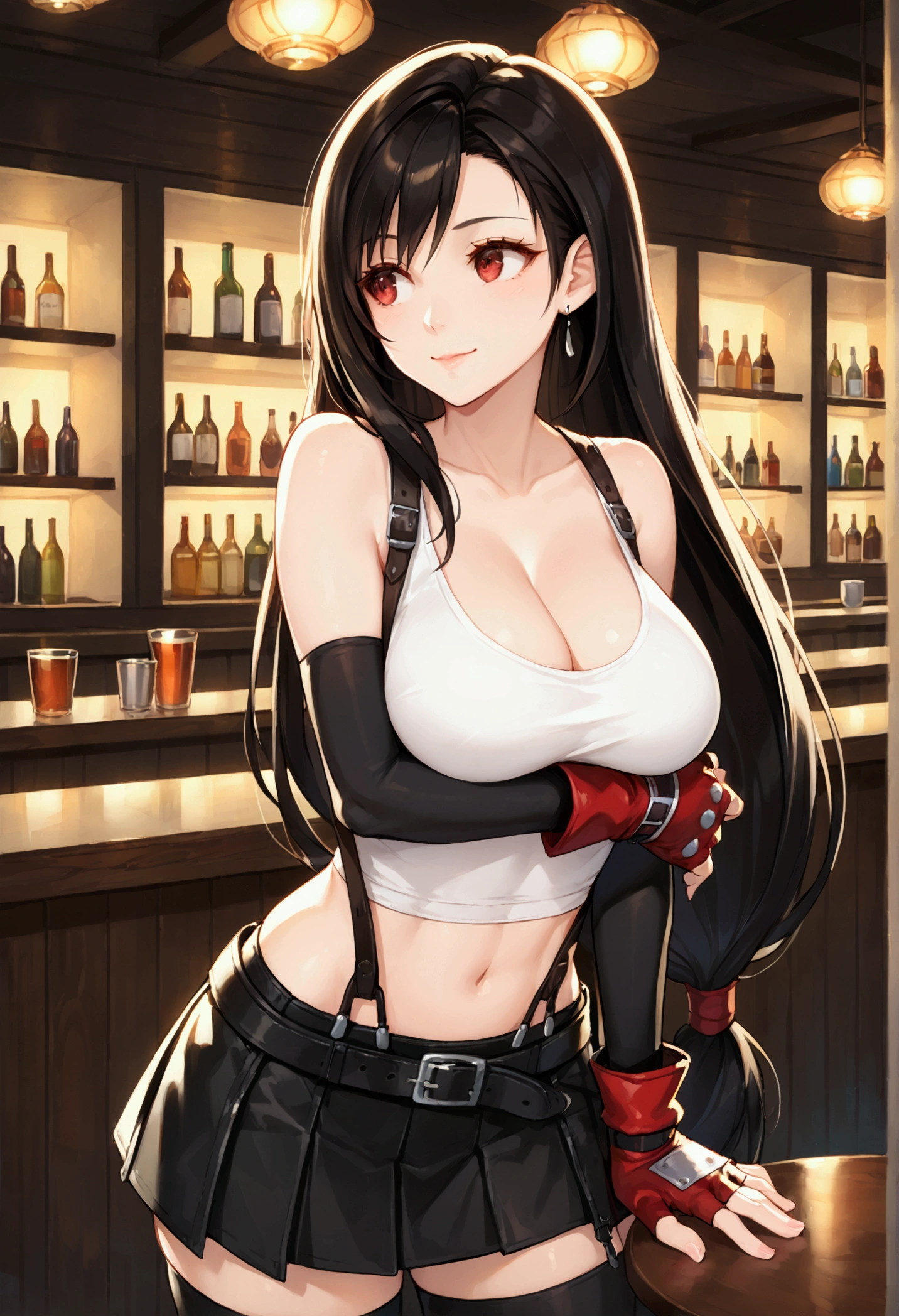 (score_9, score_8_up, score_7_up), BREAK (masterpeace),(best quality),(aesthetic,very aesthetic),1girl, tifa lockhart, final fantasy,(beautiful). black hair, low-tied long hair, red eyes, bangs, white tank top,gap, belt, pleated skirt, thighhighs, elbow fingerless gloves, elbow pads, midriff, navel,suspender skirt.zettai ryouiki ,,(large_breasts:1.3),Solo,upperbody,looking_away, vibrant, joyful,cafe and bar,(Emphasize the cleavage),hands on breast,Showcasing cleavage:1.3 ,breast hold,counter,(straight-on),breast focus,