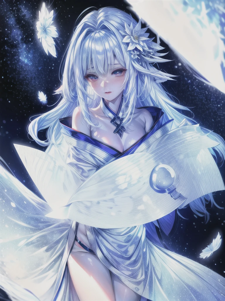 Fantasy,Highest quality,8k,cute,beautiful,Silvery white hair,Starry Sky,night,,Removable sleeves,kimono,I can see your thighs,Straight face,Gazing at the sky,fan,Pale skin,Sitting Girl,Modest Flower,painful,