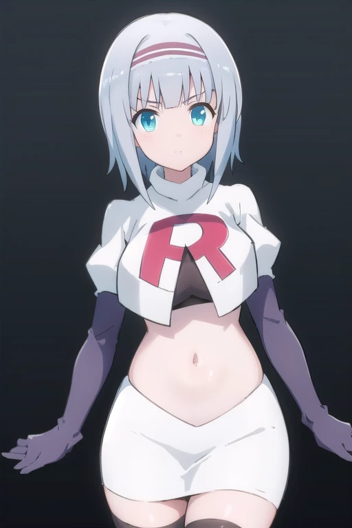 solo, 1girl, looking at viewer, 2D, anime, anime coloring, (simple background, solid white background:1.3),  linze silhoueska, team rocket,team rocket uniform,white skirt,red letter R,crop top,black thigh-highs,black elbow gloves