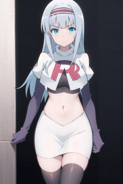solo, 1girl, looking at viewer, 2D, anime, anime coloring, (simple background, solid white background:1.3), linze silhoueska, team rocket,team rocket uniform,white skirt,red letter R,crop top,black thigh-highs,black elbow gloves