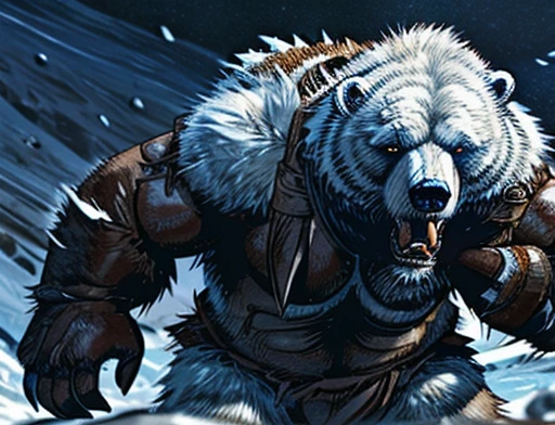 A frontal image of the moment of a polar bear attack on Expectador . The polar bear attacks the spectator with his binges, the bear is furious . Animal rage rage . He wears a very torn and torn leather blanket as primitive clothing.. He attacks , dynamic angle.