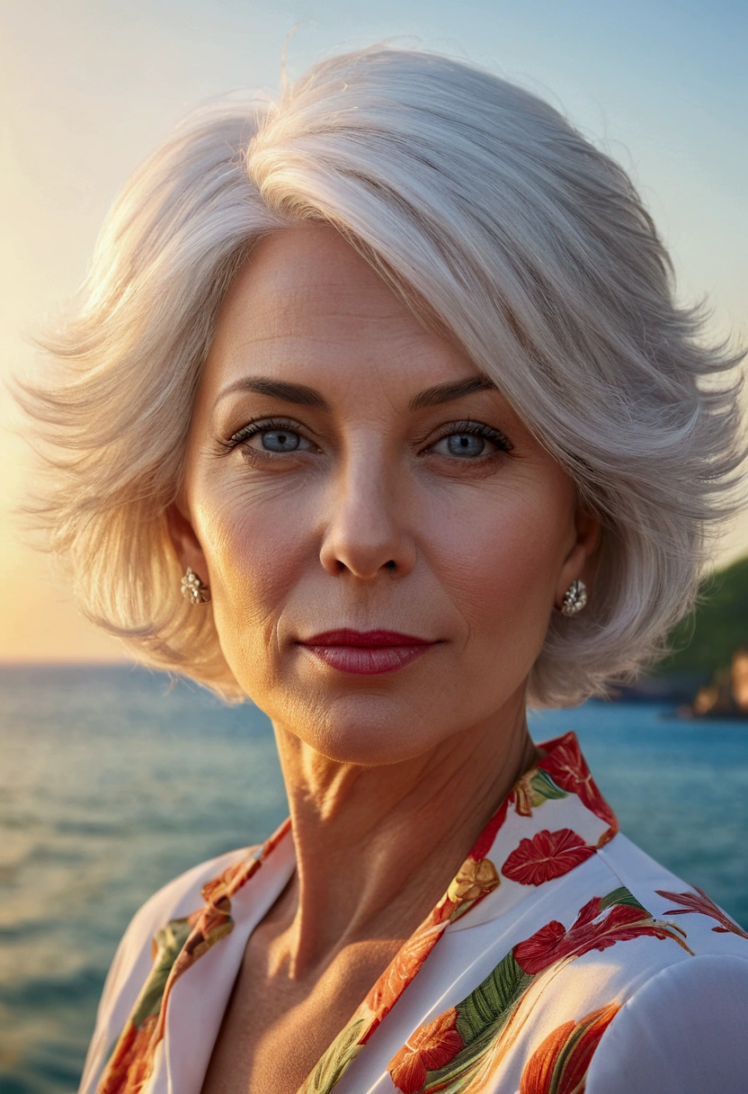 detailed portrait of a 45 year old woman with short white hair, beautiful detailed eyes,beautiful detailed lips,extremely detailed eyes and face,longeyelashes, enjoying on a tropical island, beach background, parasols, ocean, passenger yacht in the sea, sunset lighting, photorealistic, 8k, high quality, masterpiece, gorgeous colors, vibrant, stunning, realistic, physically-based rendering, panoramic photography style