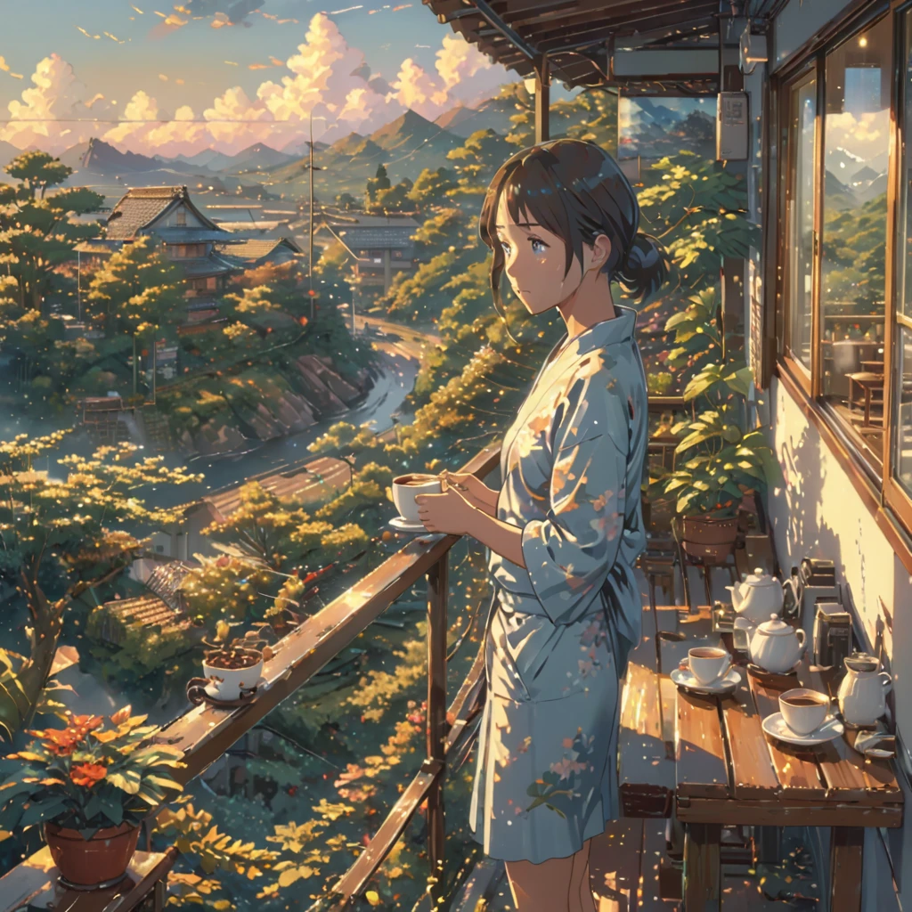 ((Anime: 1.4, Illustration)), (Masterpiece, Top Quality, Best Quality), (Ultra-Detailed, Absolutely Resolution), ((16k, HIGH RES)) (drinking coffee, balcony, beautiful landscape, morning, lighting), ( Anime: 1.4, Illustration)), (Masterpiece, Top Quality, Best Quality), (Ultra-Detailed, Absolutely Resolution). Ak {Lofi Art, Style of Laurie Greasley, Style of Makoto Shinkai, Anime Aesthetic}, BREAK {(Produces IMAGES WITH ITH INFORMATION THAN 40 Million Pixels with Cinematic-Like Detailed Textures S Hot on a Sony slur).}