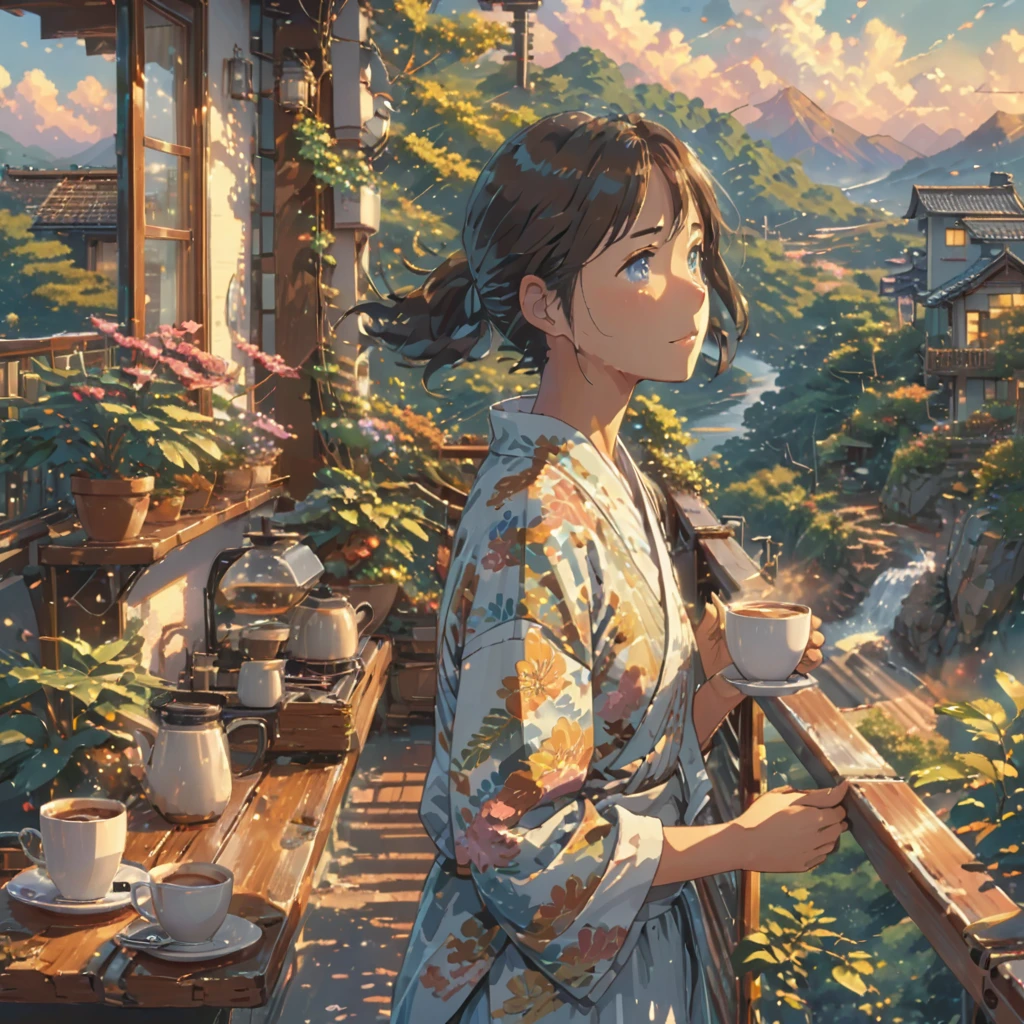 ((Anime: 1.4, Illustration)), (Masterpiece, Top Quality, Best Quality), (Ultra-Detailed, Absolutely Resolution), ((16k, HIGH RES)) (drinking coffee, balcony, beautiful landscape, morning, lighting), ( Anime: 1.4, Illustration)), (Masterpiece, Top Quality, Best Quality), (Ultra-Detailed, Absolutely Resolution). Ak {Lofi Art, Style of Laurie Greasley, Style of Makoto Shinkai, Anime Aesthetic}, BREAK {(Produces IMAGES WITH ITH INFORMATION THAN 40 Million Pixels with Cinematic-Like Detailed Textures S Hot on a Sony slur).}