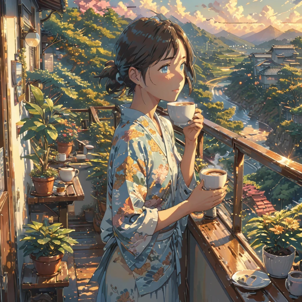 ((Anime: 1.4, Illustration)), (Masterpiece, Top Quality, Best Quality), (Ultra-Detailed, Absolutely Resolution), ((16k, HIGH RES)) (drinking coffee, balcony, beautiful landscape, morning, lighting), ( Anime: 1.4, Illustration)), (Masterpiece, Top Quality, Best Quality), (Ultra-Detailed, Absolutely Resolution). Ak {Lofi Art, Style of Laurie Greasley, Style of Makoto Shinkai, Anime Aesthetic}, BREAK {(Produces IMAGES WITH ITH INFORMATION THAN 40 Million Pixels with Cinematic-Like Detailed Textures S Hot on a Sony slur).}