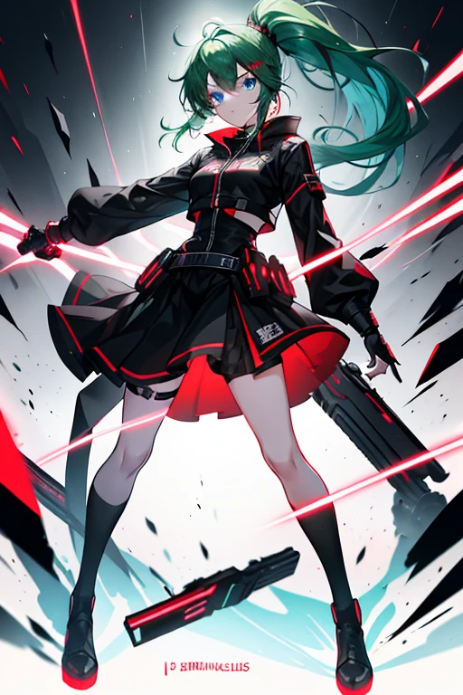 Full body internet girl with ponytail. Bright red indicates that she  an online girl. Anime characters with green hair and black costumes holding guns, But there are skirts. She also has blue eyes. The environment  similar to a terminator. Hair  black. Her face  illuminated by the bright red color on one side of the face. Like LEDs.  And both hands also have LED lights.