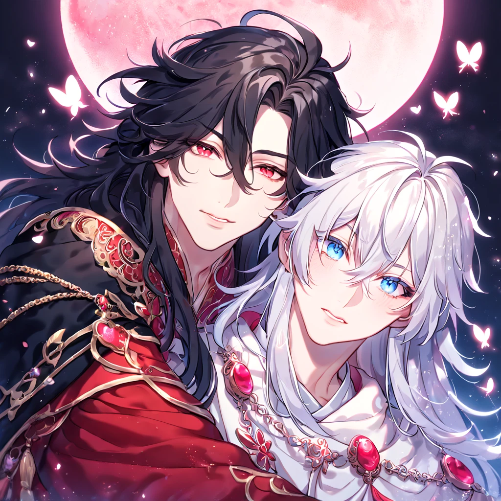 absurdres, highres, ultra detailed, HDR, master piece, best quality, extremely detailed face, delicated features, Xue Yu, untamed spiky hair, black hair, long hair, hair between the eyes, expressive red eyes, Thousand Years War, Gojou Satoru, white hair, messy hair, expressive blue eyes, two sexy men together, gay couple, yaoi, handsome, black cape, red robes, white robes, accessories, patterns, fantasy, magical, radiant, pink butterflies, pink flowers, night sky, shinning pink moon, blossoms