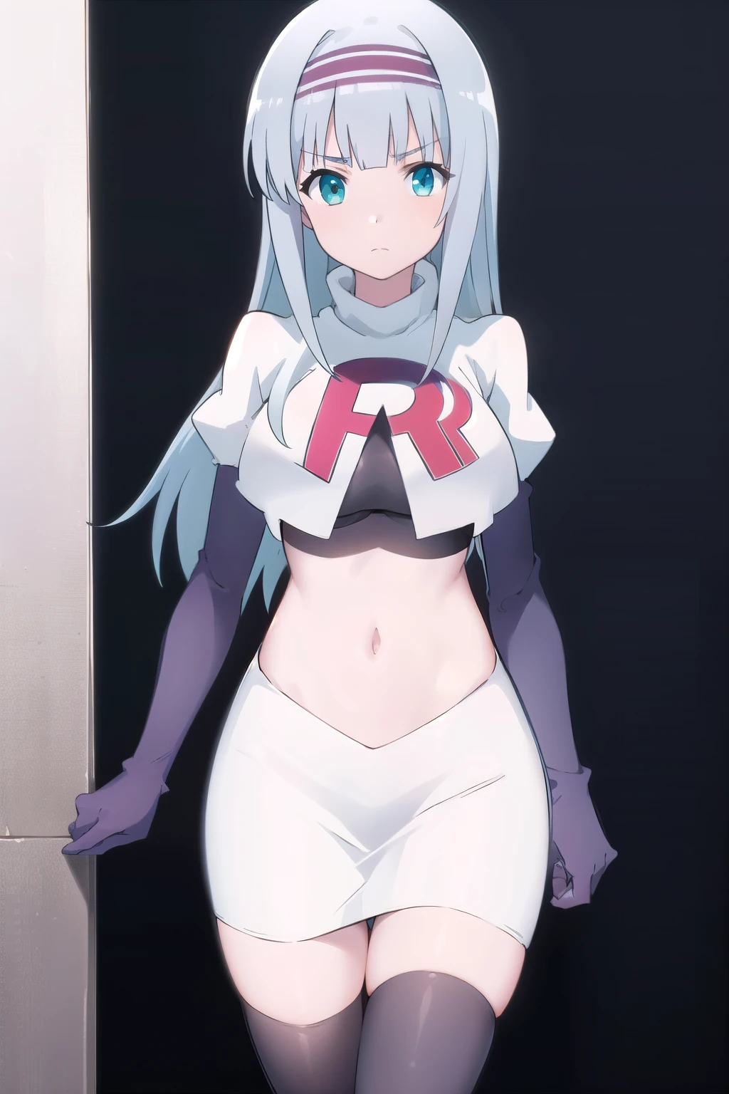 solo, 1girl, looking at viewer, 2D, anime, anime coloring, (simple background, solid white background:1.3),  linze silhoueska, team rocket,team rocket uniform,white skirt,red letter R,crop top,black thigh-highs,black elbow gloves